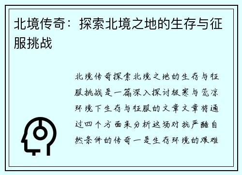 北境传奇：探索北境之地的生存与征服挑战